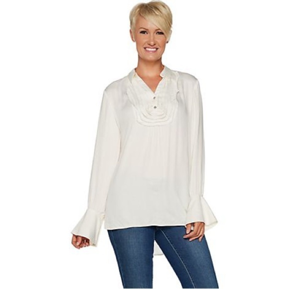 PEACE LOVE WORLD Ivory Blouse Top Size 4 White Bell Sleeves Tuxedo Style NWT